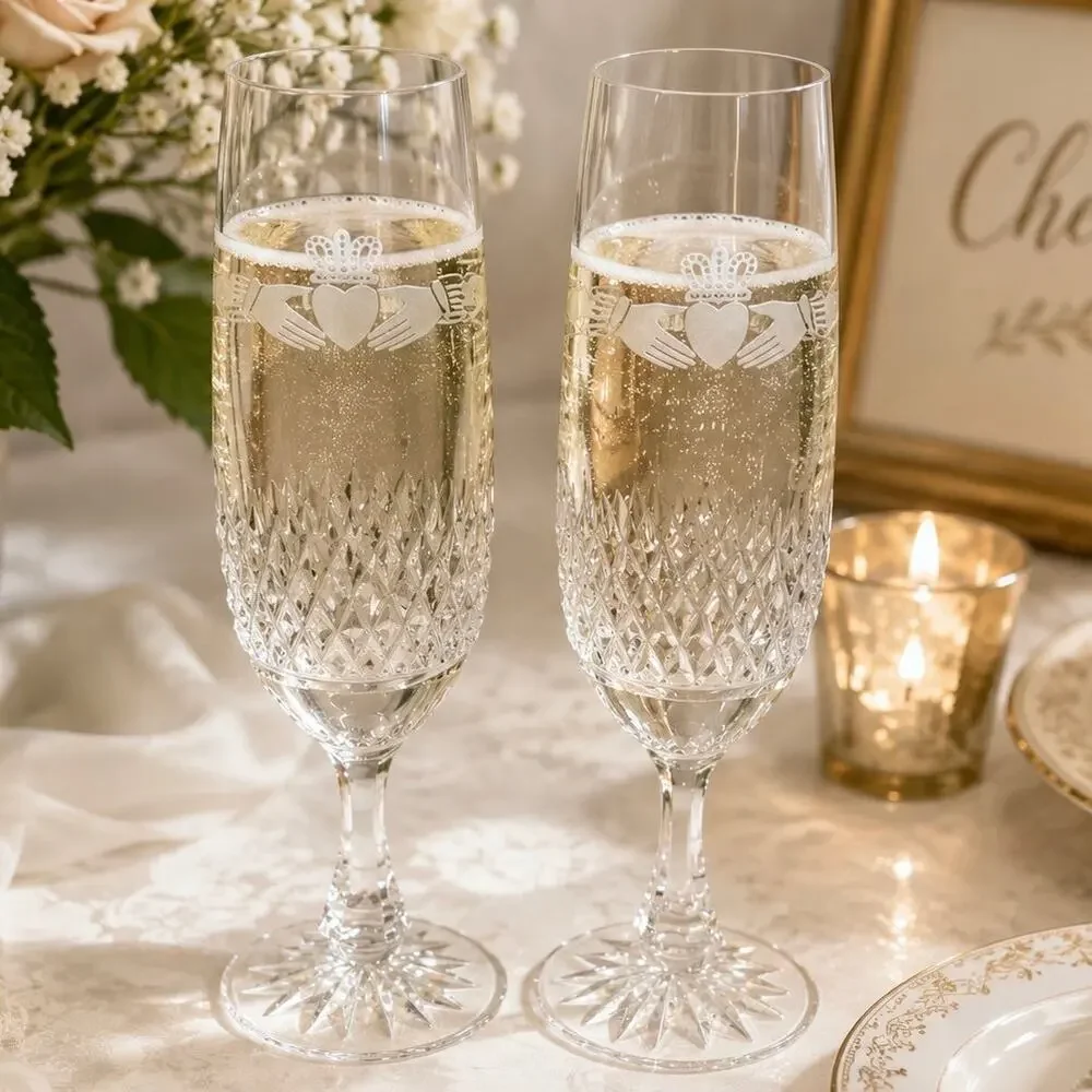 Galway Irish Crystal Claddagh Ring Champagne Wedding Flutes Set